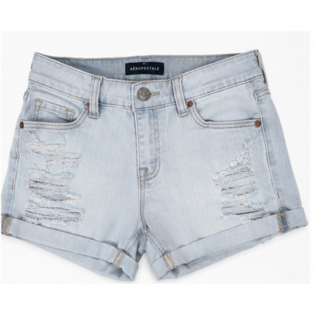 Aeropostale Womens Light Wash Distressed Denim Shorts Cuffed Low Rise Size 2